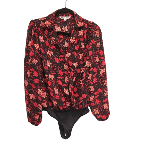 Walter Baker Darla Floral Notch Lapel Bodysuit Red Long Sleeve Top Blouse s - Picture 3 of 11